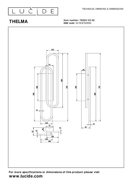 Lucide THELMA - Wandlamp - LED Dimb. - 1x35W 2700K - Zwart - technisch